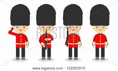 set of soldiers, British Soldiers with weapon, kids wearing soldiers costumes, Queen's Guard, British Army soldiers, flat cartoon character design isolated on white background.