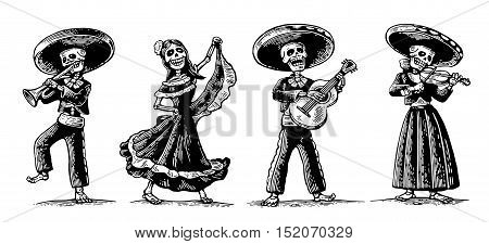 Day of the Dead Dia de los Muertos. The skeleton in the Mexican national costumes dance sing play the guitar violin trumpet. Vector vintage engraving for poster label. Isolated white background