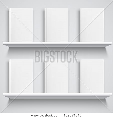 Two white bookshelves and books with empty blank covers. White object mock-up or template