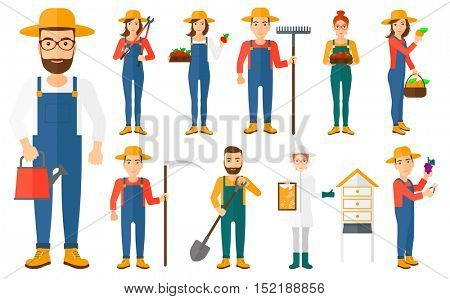 Set of farmers using agricultural tools. Beekeeper working at apiary. Farmer with shovel, rake, pruner, scythe, watering can. Farmer collecting harvest.Vector illustration isolated on white background