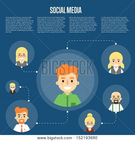 Social media network infographics with people and their social network. Community of social network people vector. Social media people. Social networking concept. Social media and social network people connecting. Social network map. Social network.