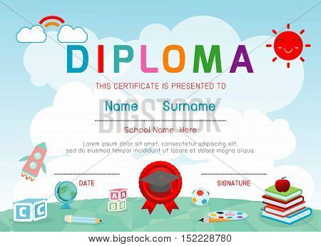 Certificates kindergarten and elementary, Preschool Kids Diploma certificate background design template, Diploma template for kindergarten students, Certificate of kids diploma, vector illustration