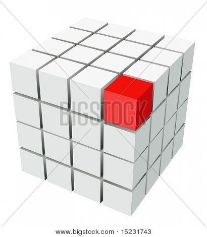 well-organized located group of cubes of red and white colors on white background