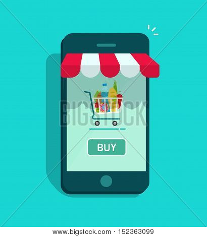 Mobile online store vector illustration isolated, smartphone as storefront with shopping cart and buy now button, concept of mobile phone order, purchase, internet shop showcase, ecommerce