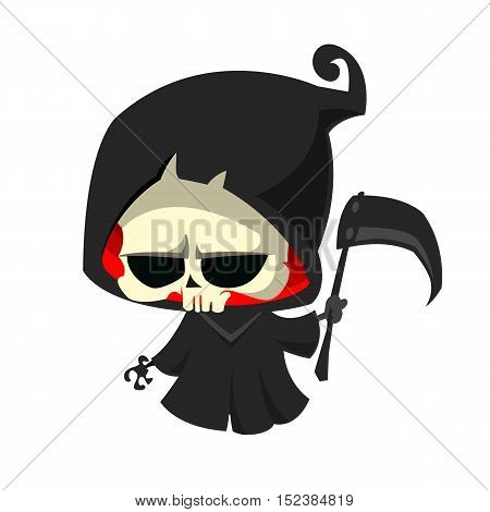 Cute cartoon grim reaper with scythe isolated on white. Cute Halloween skeleton death character