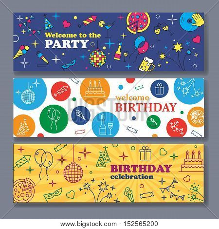 Happy Birthday Card. Kids birthday party banner. Poster to birthday celebration. Party celebration banner Banner or Template design for Musical Party celebration.