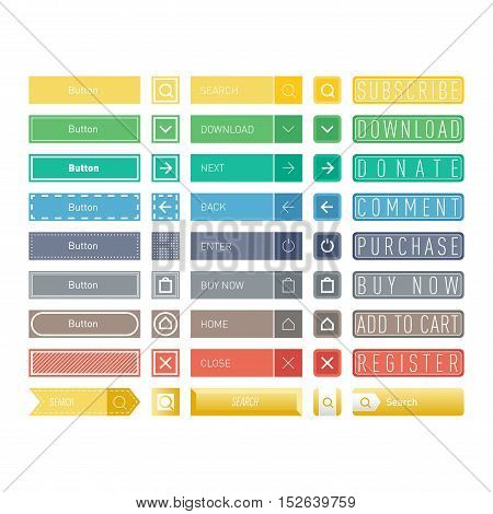 Web elements site buttons and vector shop button set. Design sign buy element shop button and label ui ux buttons. Business banner symbol shop buttons graphic. Square and circle web button.