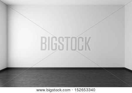 Empty room with white walls black hardwood parquet floor and soft skylight from window simple minimalist interior architecture background with copy-space 3d illustration