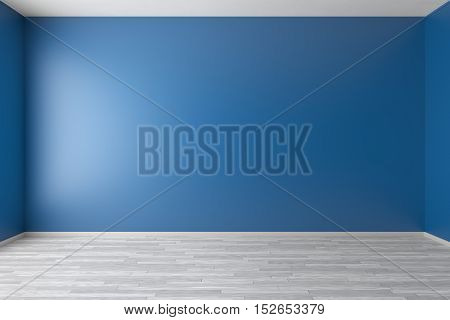 Empty room with blue walls white hardwood parquet floor and soft skylight from window simple minimalist interior architecture background with copy-space 3d illustration