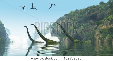 Mamenchisaurus Dinosaur Foggy Day 3D Illustration - Two Mamenchisaurus dinosaur adults escort a youngster across a river as Pterodactylus birds search for fish prey.