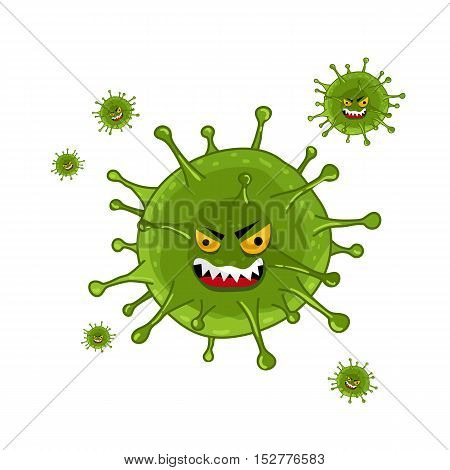 Cartoon virus character vector illustration. Cute fly germ virus infection vector. Funny micro bacteria character. Infection icon. Virus icon. Funny isolated virus characters. Monster virus. Isolated bacteria. Cartoon infection and bacteria symbol