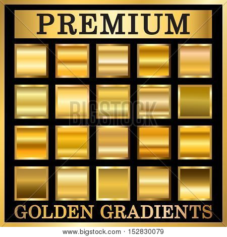 Gold texture in frame set. Collection golden gradient smooth material background. Square textured bright metal shiny. Metallic blank decorative isolated pattern. Abstract art. Vector Illustration