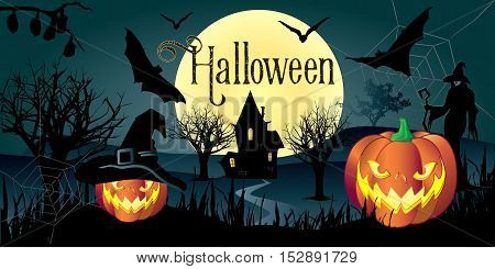 Halloween. Halloween party. Halloween greeting card background. Halloween illustration with Halloween pumpkin, bat, trees, House, moon and witch woman for Halloween Holiday. Halloween vector illustration. Hand Drawn.