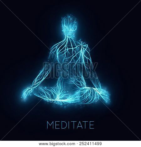 Vector Concept Of Human Meditaion. Sacral Energy Flows Through Prayer Body On His Way To Enlightment