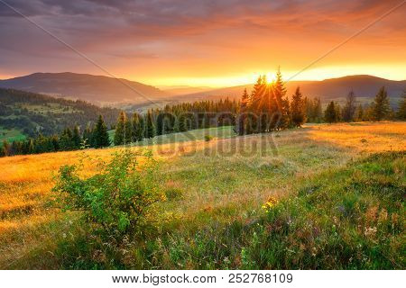 Autumn Landscape. Colorful Autumn Nature. Picturesque Hills And Valleys In The Morning. Vivid Sunris