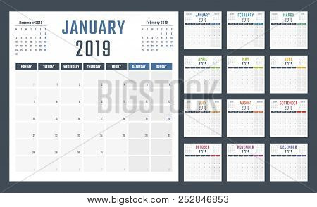 Calendar For 2019 Starts Monday, Vector Calendar Design 2019 Year