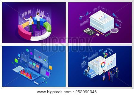 Isometric Web Banner Data Analisis And Statistics Concept. Vector Illustration Business Analytics, D