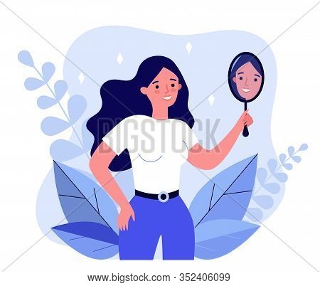 Self Centered Woman Suffering From Narcissism. Smiling Girl Looking At Herself In Mirror. Vector Ill