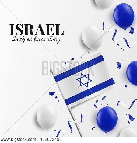 Vector Illustration Of Independence Day Of Israel. Background With Balloons, Flags