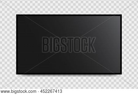 Tv Screen, Television Led Monitor On Wall Isolated. Flat Digital Black Tv Display. Vector. Plasma Vi