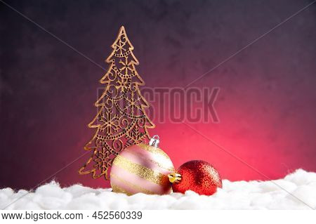 Front View Xmas Tree Balls Xmas Decoration On Red Background Free Space Xmas Photo