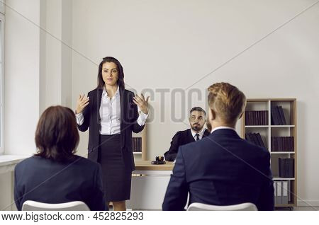 Defense Lawyer Or Plaintiff Attorney Making A Speech During A Court Trial Hearing