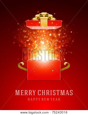 Open gift and light fireworks christmas vector background. Merry Christmas and Happy New Year message. 