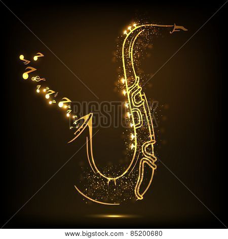 Golden illustration of musical notes coming out from saxophone on shiny brown background.