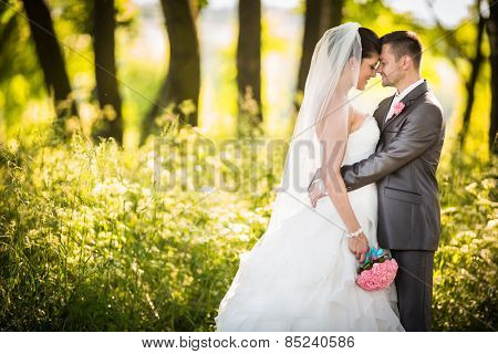 Portrait of a young wedding couple on their wedding day