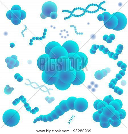 Blue virus cells, bacteria, molecules and DNA on white background. Vector illustration.