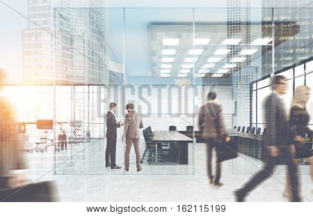 View of business people walking in a glass office. City view is seen on the foreground. Concept of office life. 3d rendering. Toned image. Double exposure