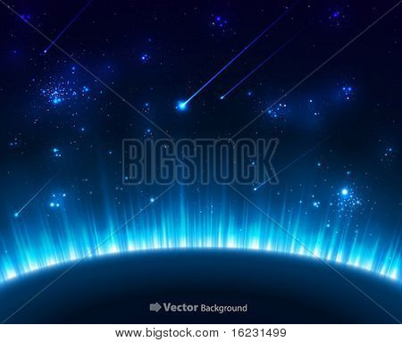 Space background with blue light from behind of the planet