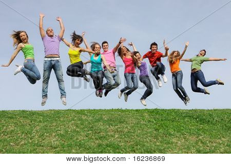 Happy smiling diverse group of jumping teenager people