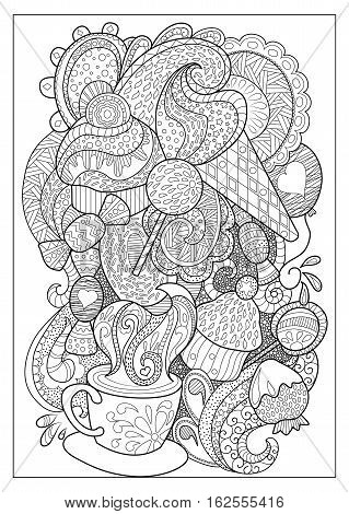 Sweet dessert and coffee outlined vector illustration for coloring. Coffee cup and sweets doodle style coloring page. Adult coloring page with ice cream lollipop cupcake sweets and strawberry