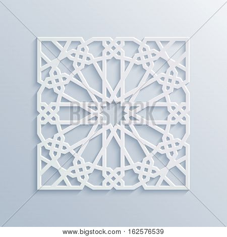 Vector muslim mosaic persian motif. Mosque decoration element. Islamic geometric pattern. Elegant white oriental ornament traditional arabic art. 3D mandala for brochures invitations greeting card