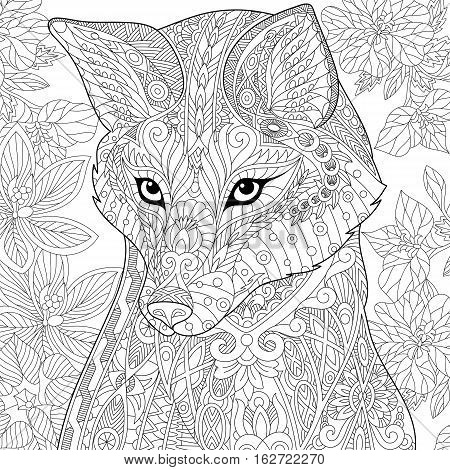 Stylized cartoon wild fox animal and hibiscus flowers. Freehand sketch for adult anti stress coloring book page with doodle and zentangle elements.