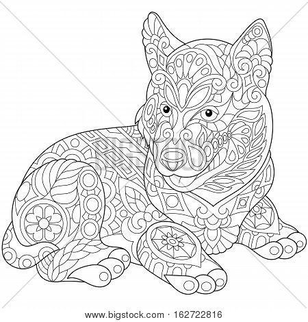 Stylized cute husky dog (puppy). Freehand sketch for adult anti stress coloring book page with doodle and zentangle elements.