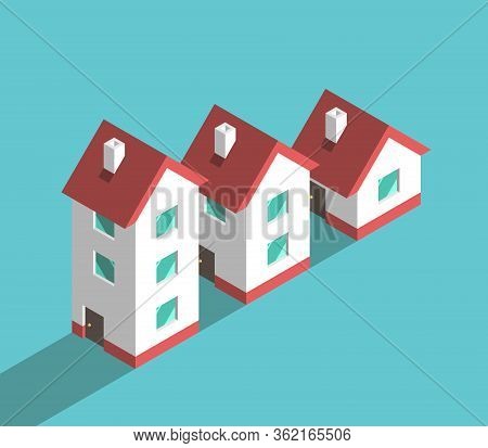 Isometric Houses Row Decreasing On Turquoise Blue. Downsizing, Price Drop, Investment And Real Estat