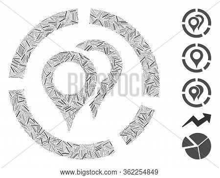 Linear Collage Geotargeting Diagram Icon Composed Of Narrow Items In Different Sizes And Color Hues.