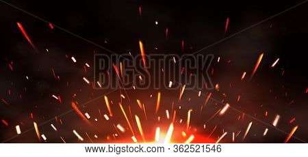 Weld Sparks Isolated On Black Background. Vector Realistic Flare Effect Of Metal Welding Or Blacksmi