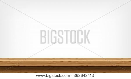 Wood Plank Empty Front View For Background And Copy Space, Blank Table Top Wooden Brown For Decorati