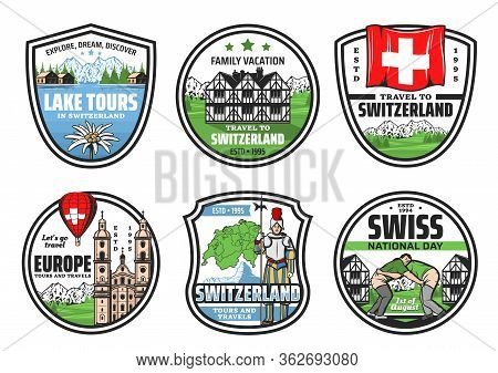 Switzerland City Tours, Landmarks And Attractions Sightseeing Trips, Travel Agency Vector Icons. Swi