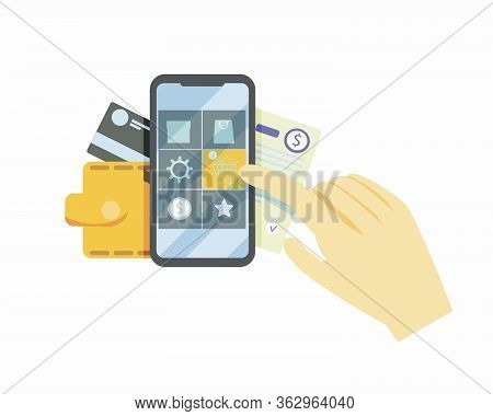 Man Doing Shopping Vector Illustration. Male Hand Choosing Goods On Tablet Via Internet App In E-sho