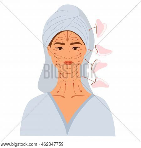 Facial Massage. Female Face With Lines For Massage With Gua Sha Scraper. Massage Guasha, Cream And V