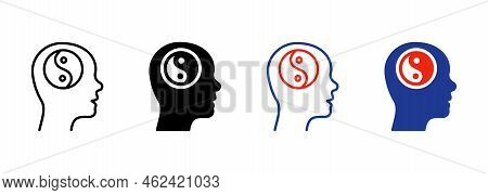 Yin Yang In Man Head Silhouette And Line Icon. Yinyang In Human Brain Pictogram. Harmony, Unity, Bal