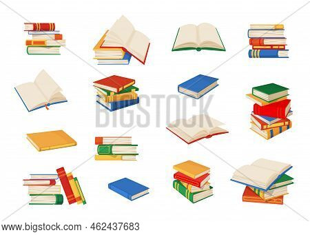 Book Stacks. Books, Textbooks, Bestsellers Set, Isolated Vector Piles Of School Library Textbooks, E