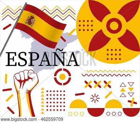 Spain Flag And Map Caricature. National Day Or Spain Independence Day Design. Spanish Celebration. M