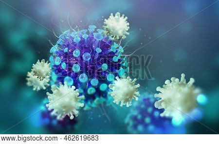 Virus, Germs, Microbe, Bacterium, Pathogen Organism, Leukocyte 3d Illustration. Viral Infection. Imm