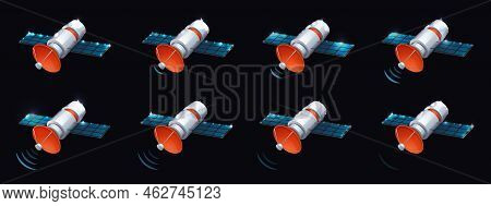 Isometric Artificial Satellite Send Radio Telecommunication Signal Animation Sprite Sheet. Sputnik O