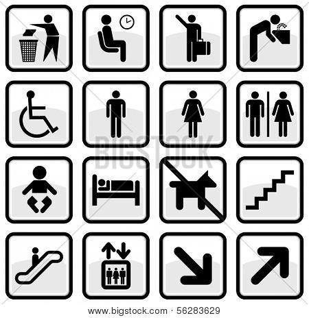 Vector set of international service signs. All objects and details are isolated and grouped. Color, background color and glare effect are easy to remove or adjust. Symbols are replaceable.